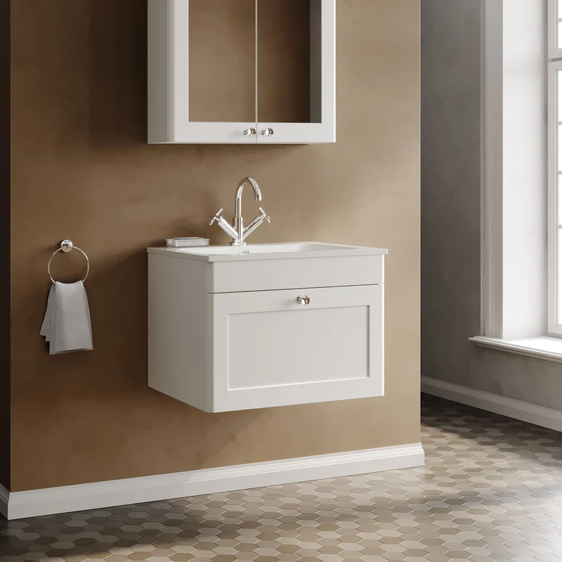 Classique 600mm Wall Hung 1 Drawer Vanity Unit With White Stone Basin - Satin White