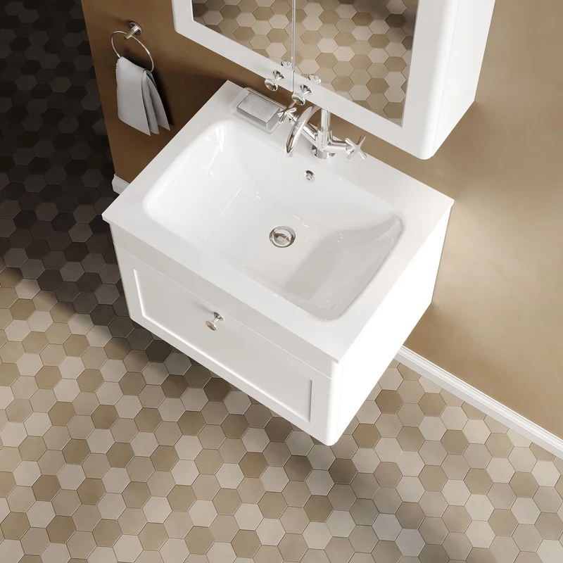 Classique 600mm Wall Hung 1 Drawer Vanity Unit With White Stone Basin - Satin White