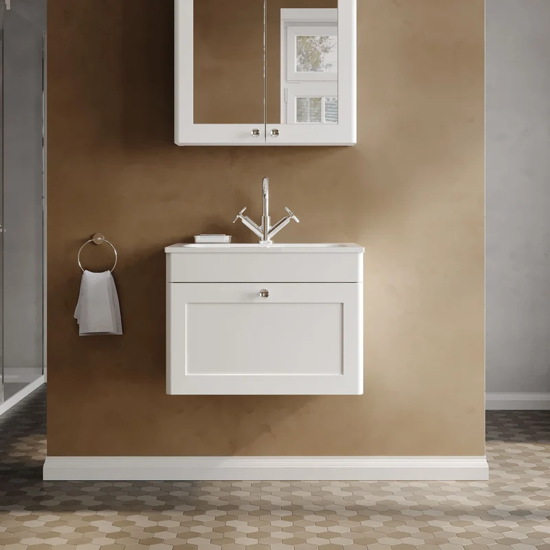 Classique 600mm Wall Hung 1 Drawer Vanity Unit With White Stone Basin - Satin White
