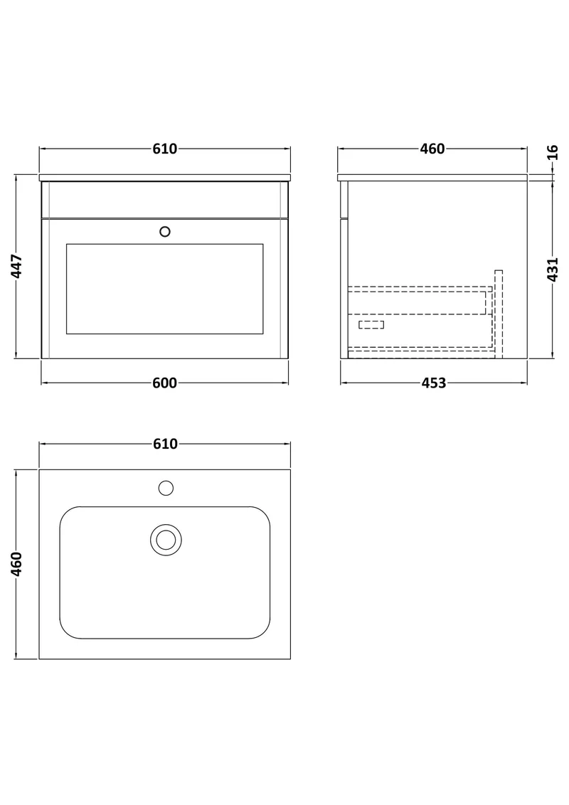 Classique 600mm Wall Hung 1 Drawer Vanity Unit With White Stone Basin - Satin White