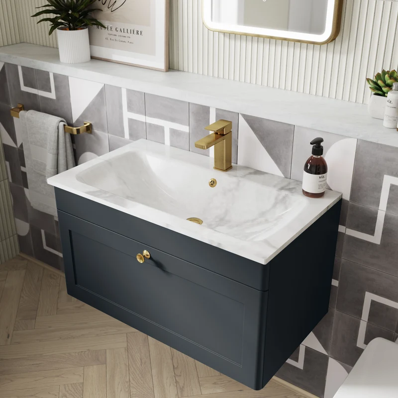 Classique 800mm Wall Hung 1 Drawer Vanity Unit With Marble Stone Basin - Soft Black