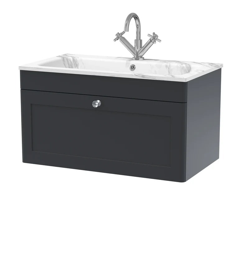 Classique 800mm Wall Hung 1 Drawer Vanity Unit With Marble Stone Basin - Soft Black