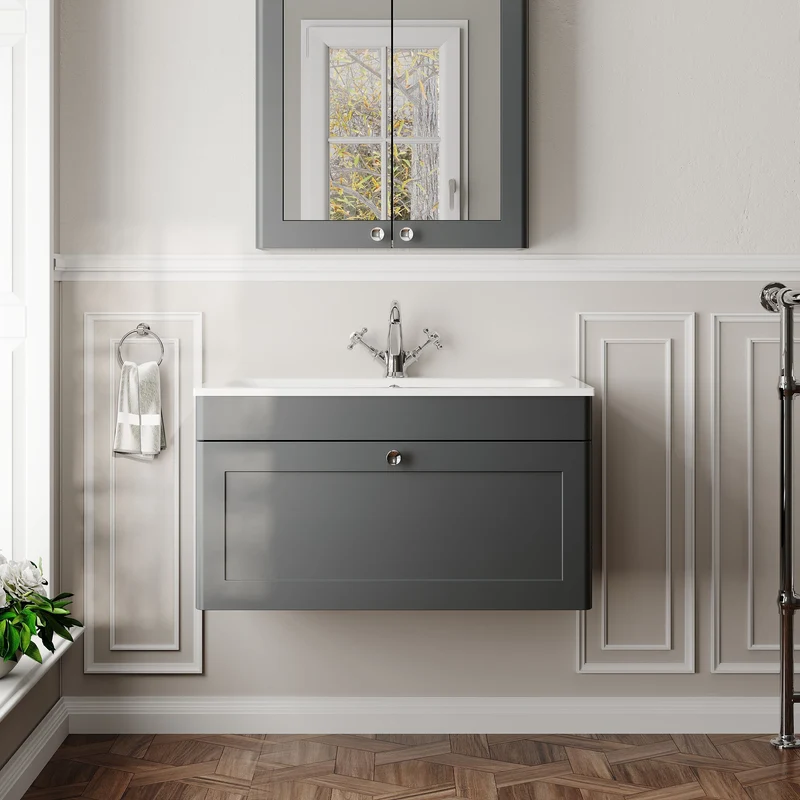 Classique 800mm Wall Hung 1 Drawer Vanity Unit With White Stone Basin - Soft Black