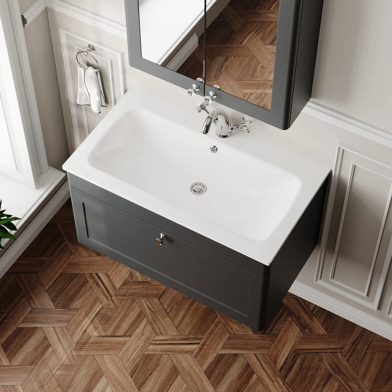 Classique 800mm Wall Hung 1 Drawer Vanity Unit With White Stone Basin - Soft Black