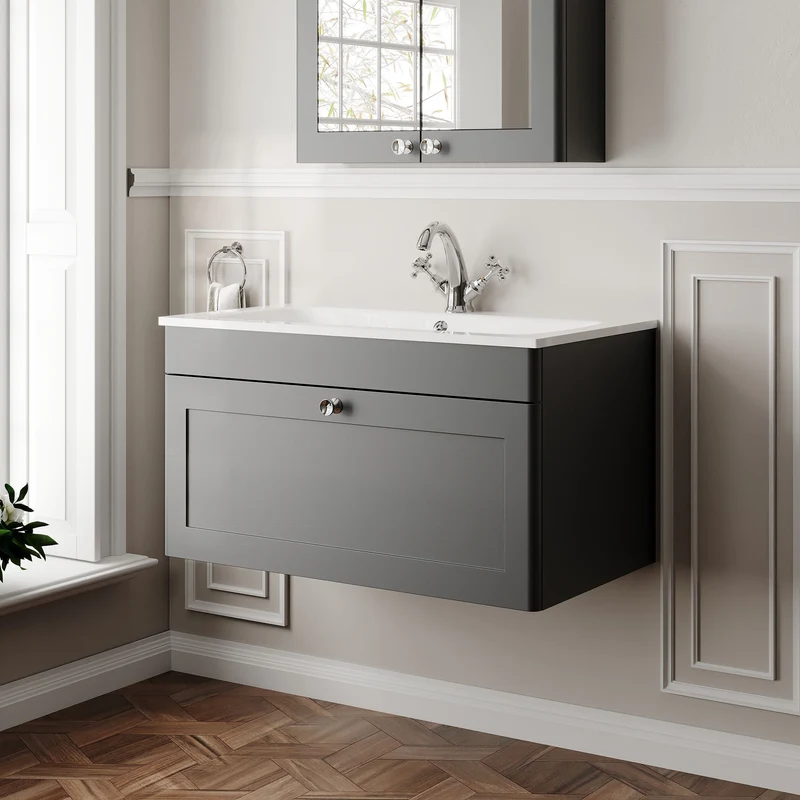 Classique 800mm Wall Hung 1 Drawer Vanity Unit With White Stone Basin - Soft Black