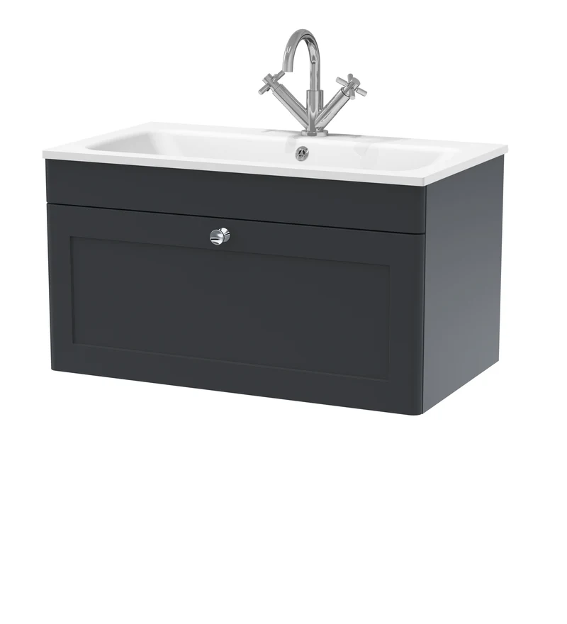 Classique 800mm Wall Hung 1 Drawer Vanity Unit With White Stone Basin - Soft Black