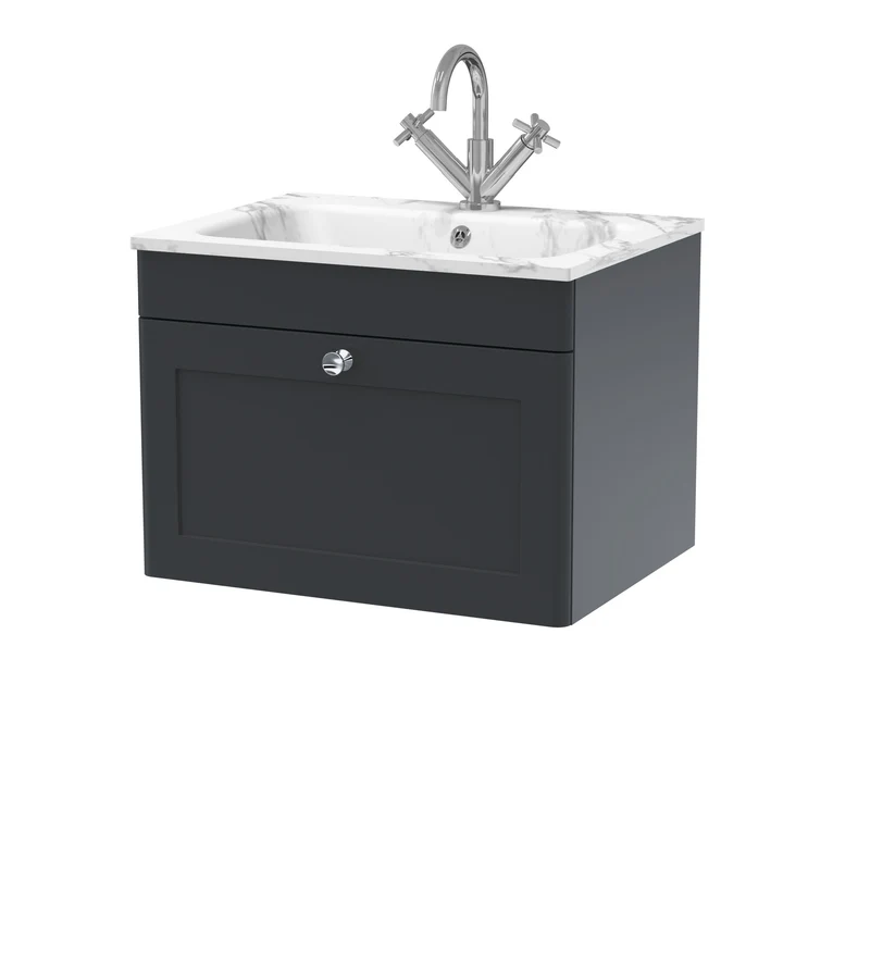 Classique 600mm Wall Hung 1 Drawer Vanity Unit With Marble Stone Basin - Soft Black