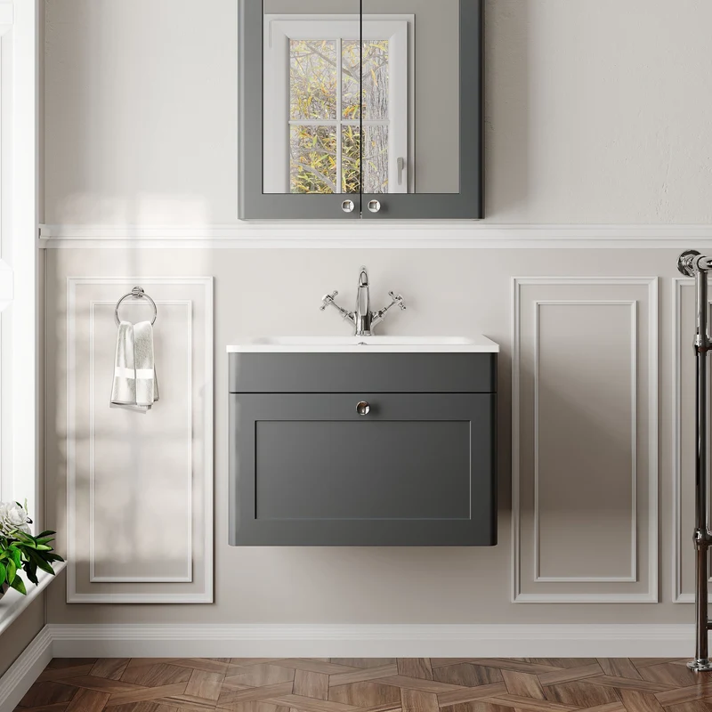 Classique 600mm Wall Hung 1 Drawer Vanity Unit With White Stone Basin - Soft Black