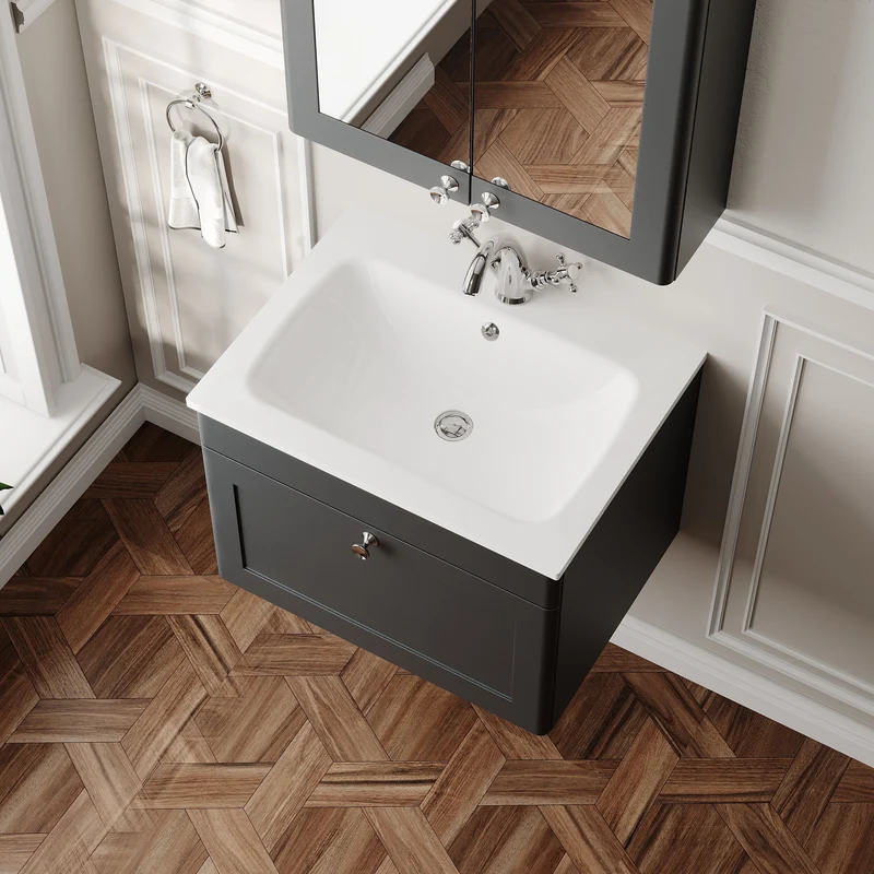 Classique 600mm Wall Hung 1 Drawer Vanity Unit With White Stone Basin - Soft Black