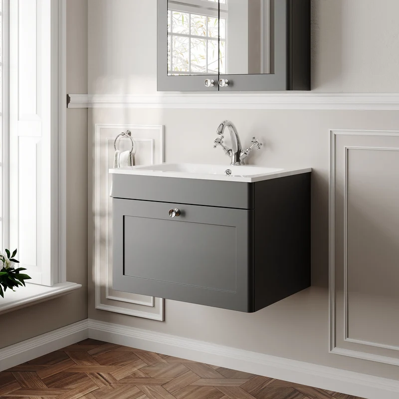 Classique 600mm Wall Hung 1 Drawer Vanity Unit With White Stone Basin - Soft Black
