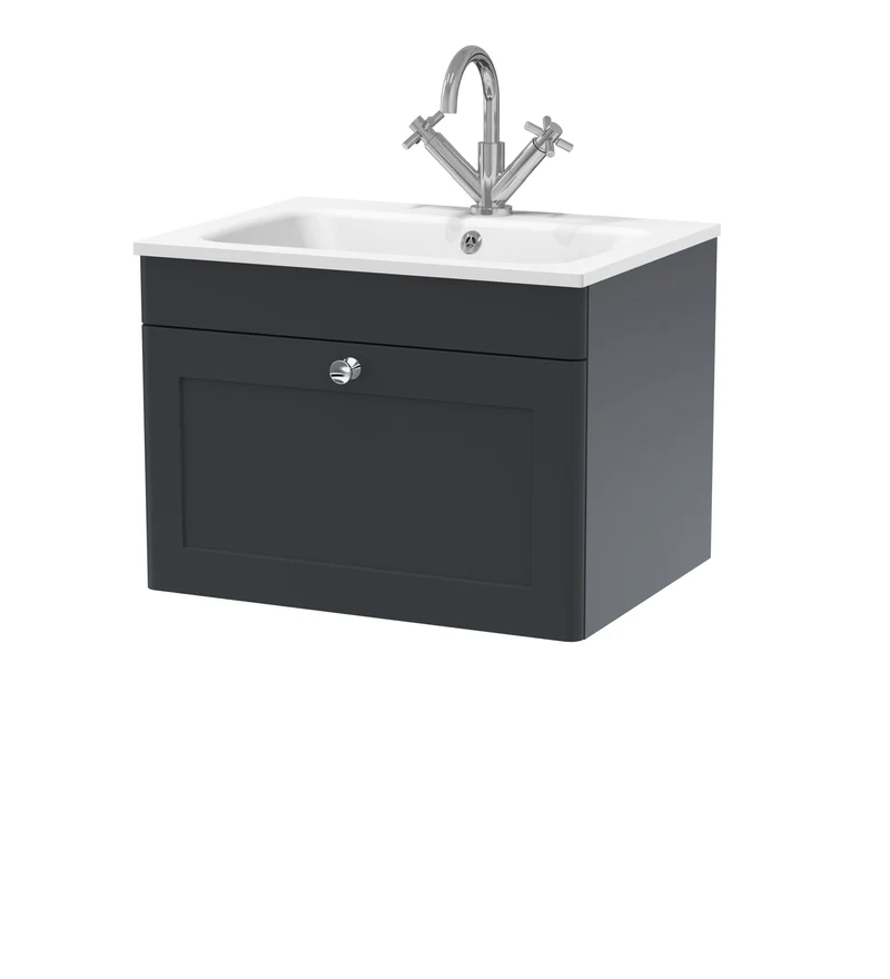 Classique 600mm Wall Hung 1 Drawer Vanity Unit With White Stone Basin - Soft Black