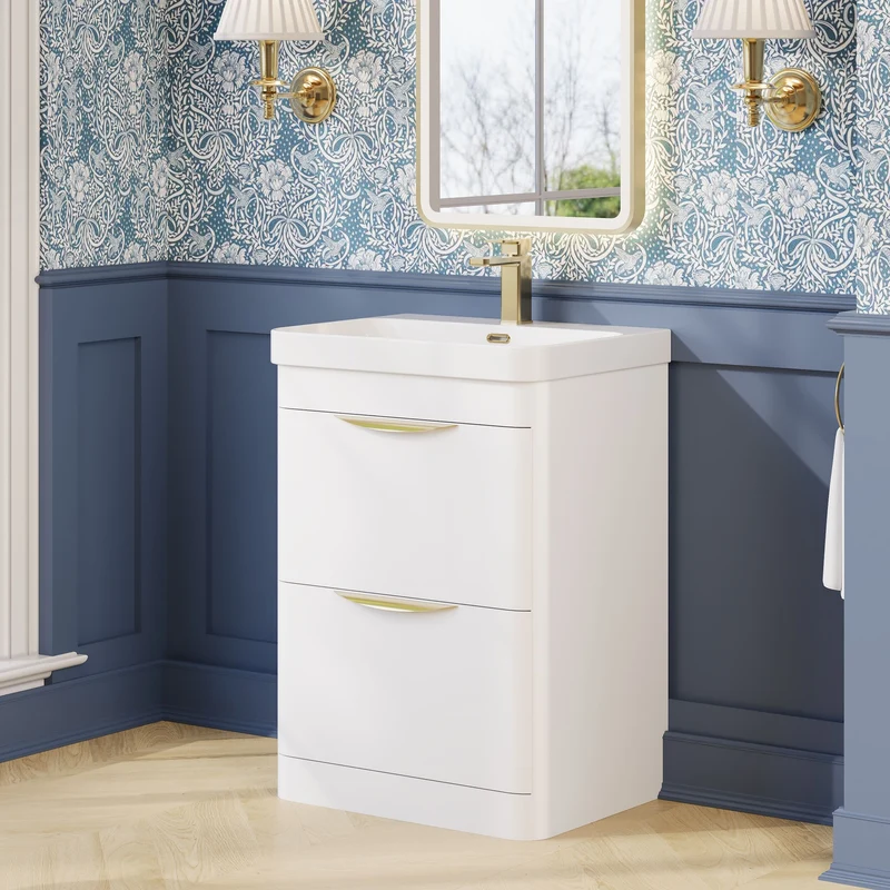 Parade 600mm Floor Standing Vanity With Thin Edge Ceramic Basin - White Gloss