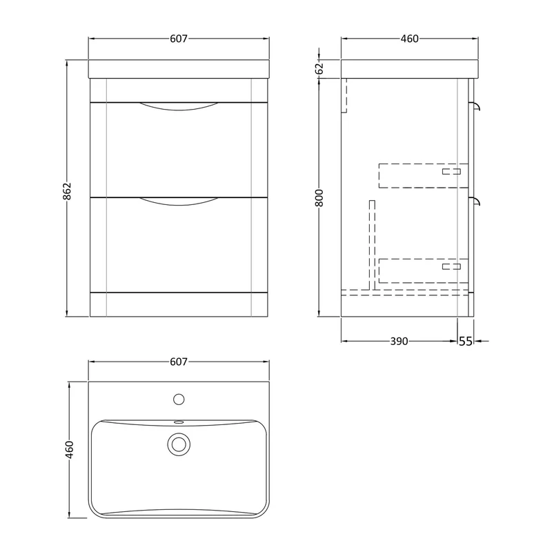 Parade 600mm Floor Standing Vanity With Thin Edge Ceramic Basin - White Gloss