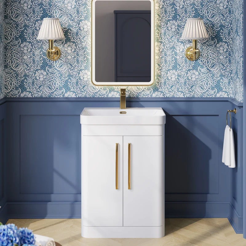 Parade 600mm Floor Standing 2 Door Vanity With Thin Edge Ceramic Basin - White Gloss