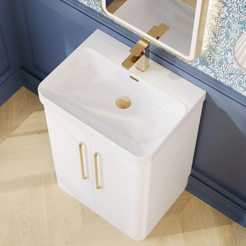 Parade 600mm Floor Standing 2 Door Vanity With Thin Edge Ceramic Basin - White Gloss
