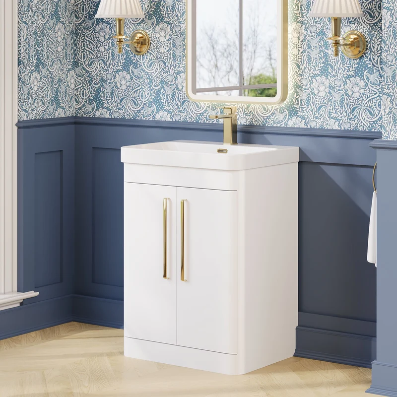 Parade 600mm Floor Standing 2 Door Vanity With Thin Edge Ceramic Basin - White Gloss