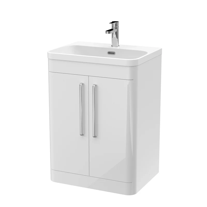 Parade 600mm Floor Standing 2 Door Vanity With Thin Edge Ceramic Basin - White Gloss