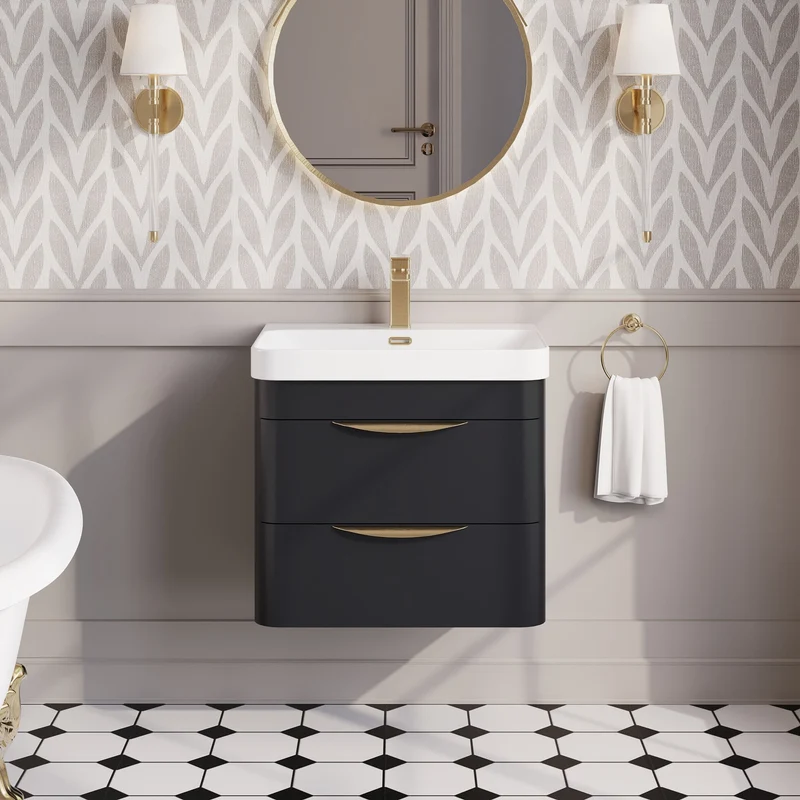 Parade 600mm Wall Hung 2 Drawer Vanity With Thin Edge Ceramic Basin - Soft Black Satin