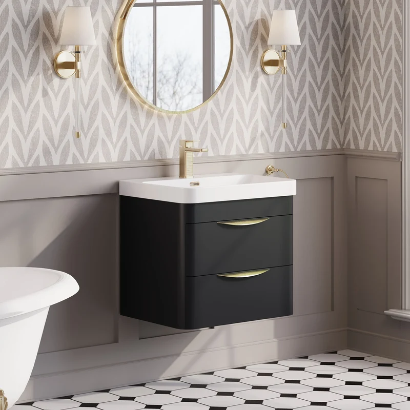 Parade 600mm Wall Hung 2 Drawer Vanity With Thin Edge Ceramic Basin - Soft Black Satin