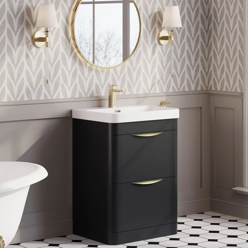 Parade 600mm Floor Standing 2 Drawer Vanity With Thin Edge Ceramic Basin - Soft Black Satin