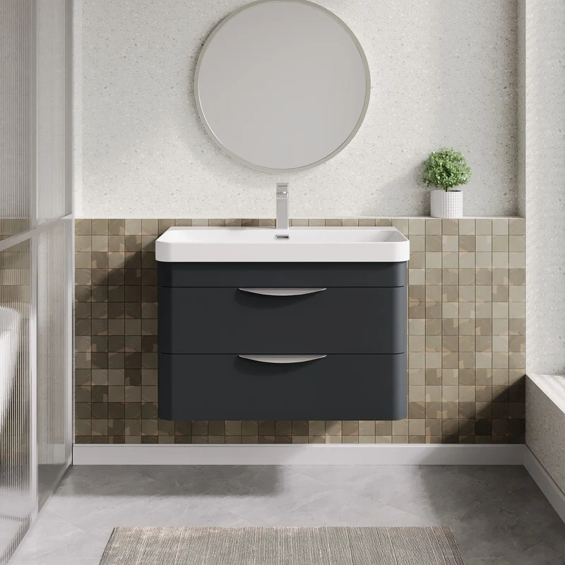 Parade 800mm Wall Hung 2 Drawer Vanity With Thin Edge Ceramic Basin - Soft Black Satin