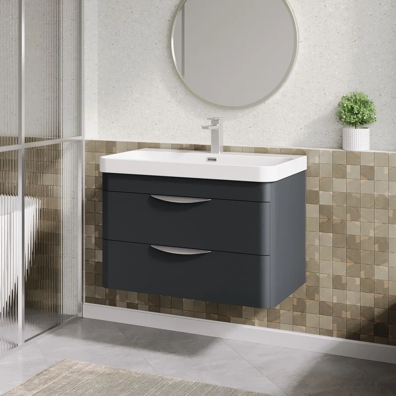 Parade 800mm Wall Hung 2 Drawer Vanity With Thin Edge Ceramic Basin - Soft Black Satin