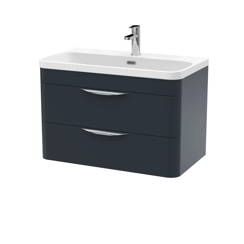 Parade 800mm Wall Hung 2 Drawer Vanity With Thin Edge Ceramic Basin - Soft Black Satin