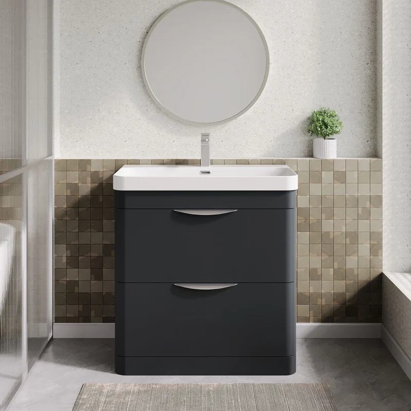 Parade 800mm Floor Standing 2 Drawer Vanity With Thin Edge Ceramic Basin - Soft Black Satin