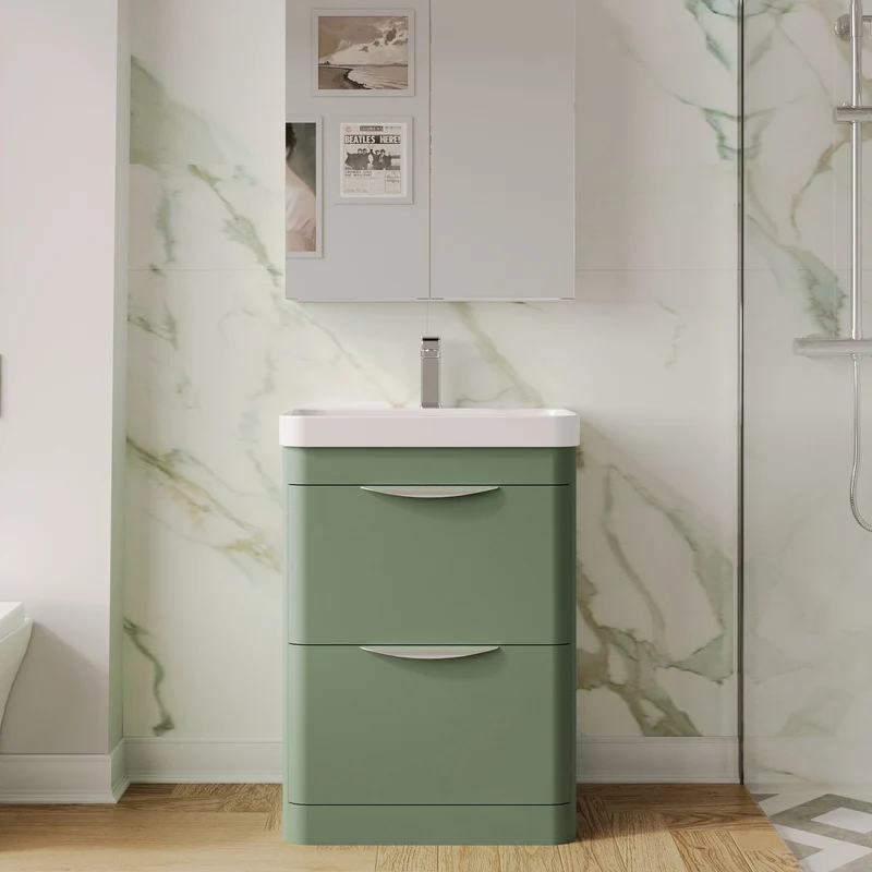 Parade 600mm Floor Standing 2 Drawer Vanity With Thin Edge Ceramic Basin - Green Satin