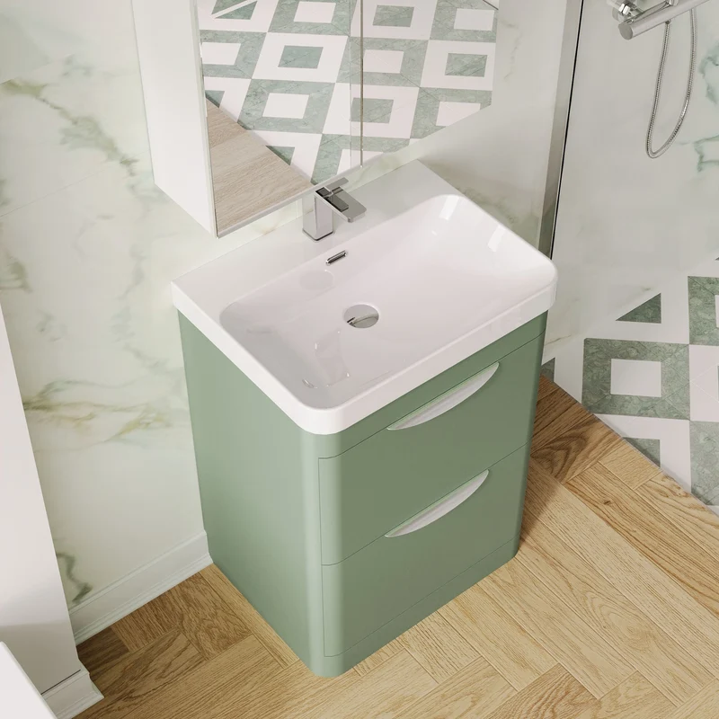 Parade 600mm Floor Standing 2 Drawer Vanity With Thin Edge Ceramic Basin - Green Satin