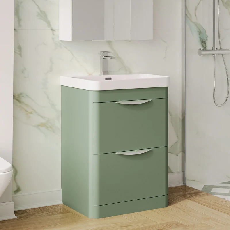 Parade 600mm Floor Standing 2 Drawer Vanity With Thin Edge Ceramic Basin - Green Satin