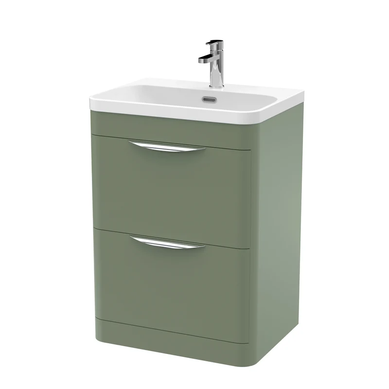 Parade 600mm Floor Standing 2 Drawer Vanity With Thin Edge Ceramic Basin - Green Satin