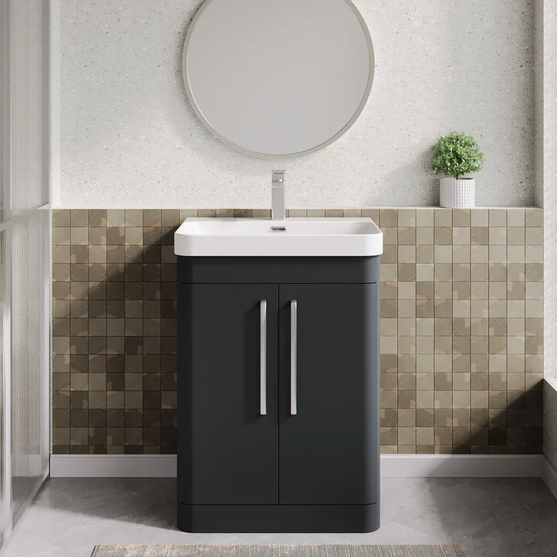 Parade 600mm Floor Standing 2 Door Vanity With Thin Edge Ceramic Basin - Soft Black Satin