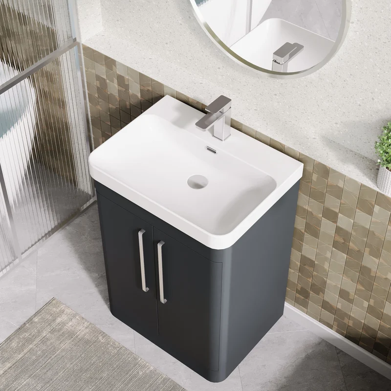 Parade 600mm Floor Standing 2 Door Vanity With Thin Edge Ceramic Basin - Soft Black Satin