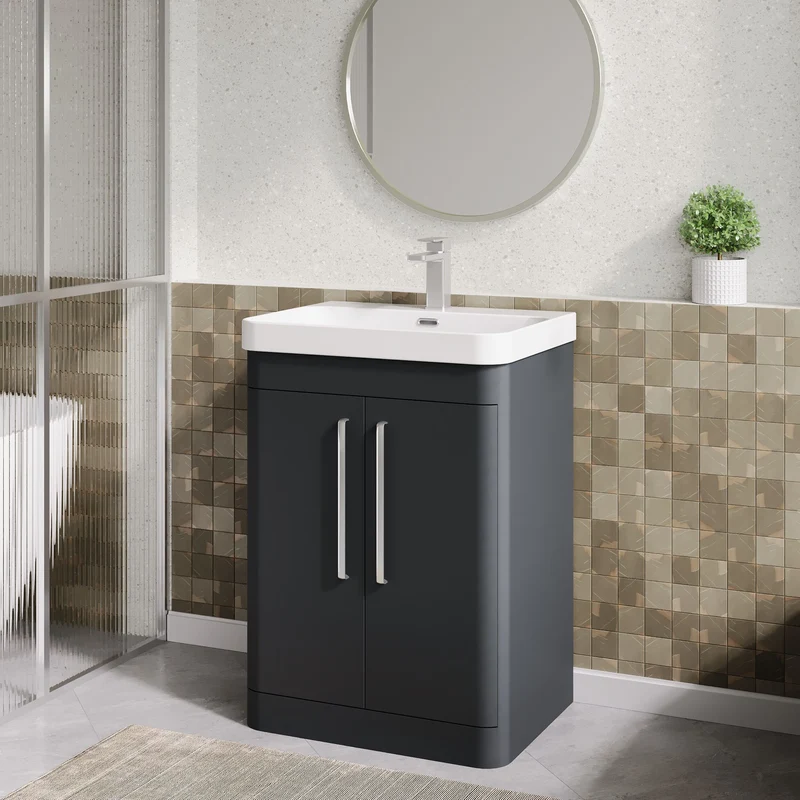 Parade 600mm Floor Standing 2 Door Vanity With Thin Edge Ceramic Basin - Soft Black Satin