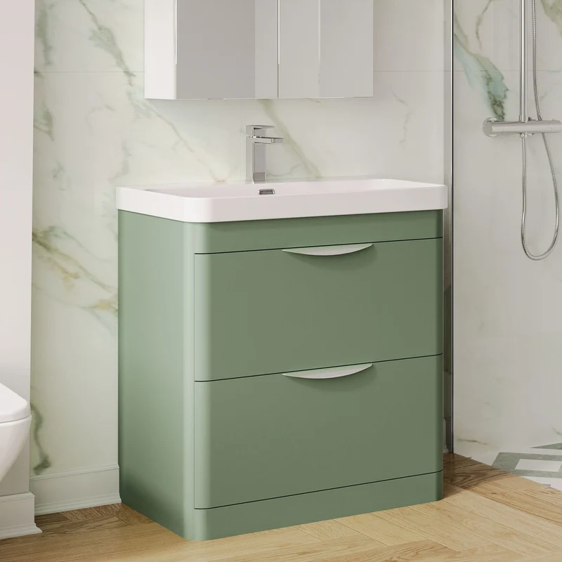 Parade 800mm Floor Standing 2 Drawer Vanity With Thin Edge Ceramic Basin - Green Satin