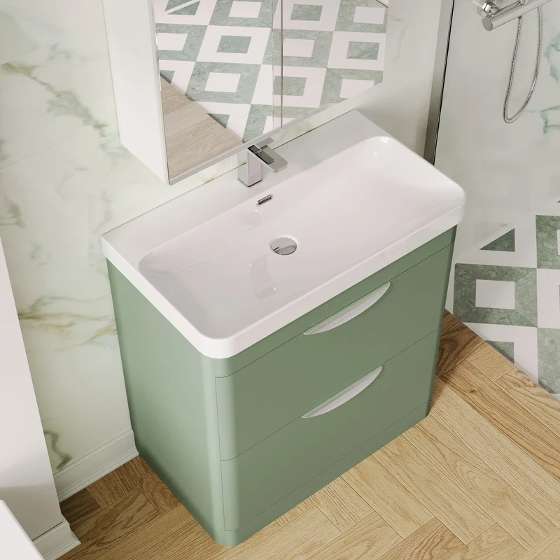Parade 800mm Floor Standing 2 Drawer Vanity With Thin Edge Ceramic Basin - Green Satin