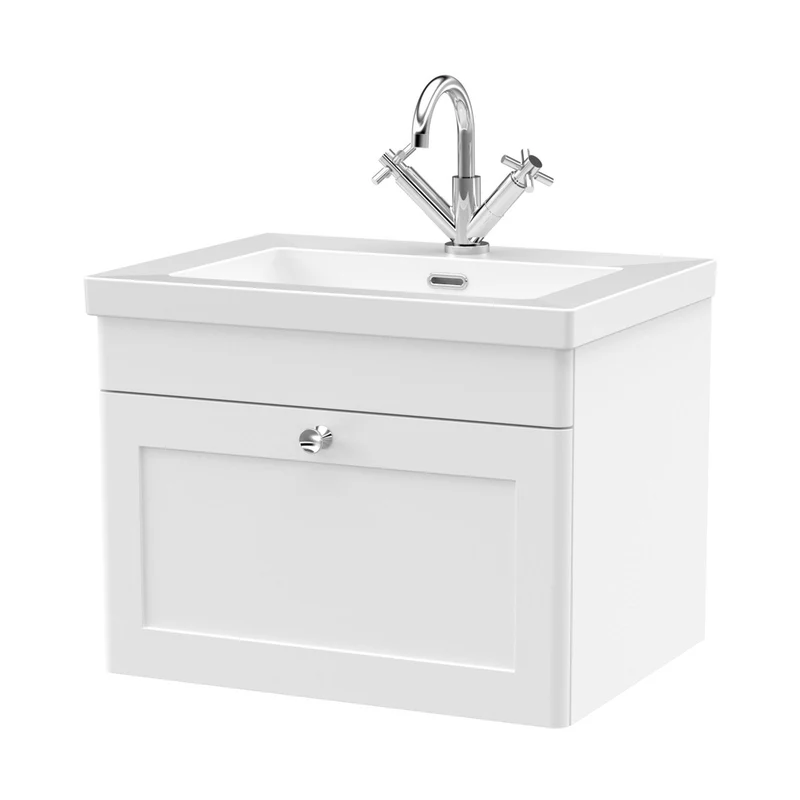 Nuie Classique 600mm Wall Hung 1-drawer Vanity With Basin - 1 Tap Hole Traditional Satin White Fireclay 476x613x462mm