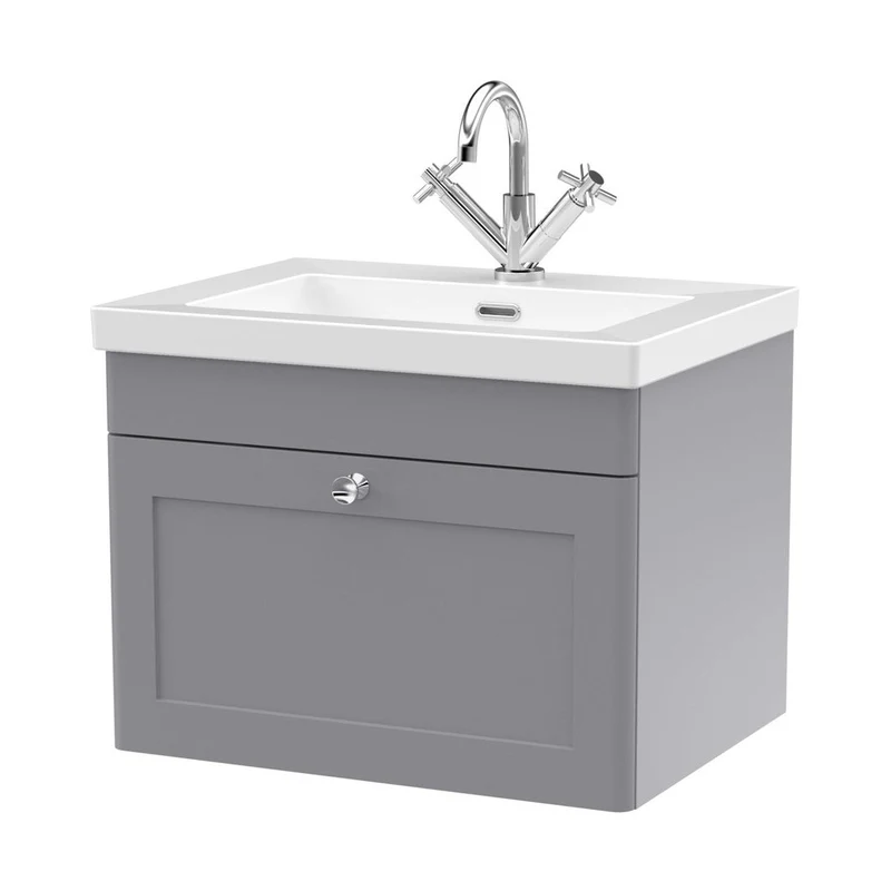 Nuie Classique 600mm Wall Hung 1-drawer Vanity With Basin - 1 Tap Hole Traditional Satin Grey Fireclay 476x613x462mm