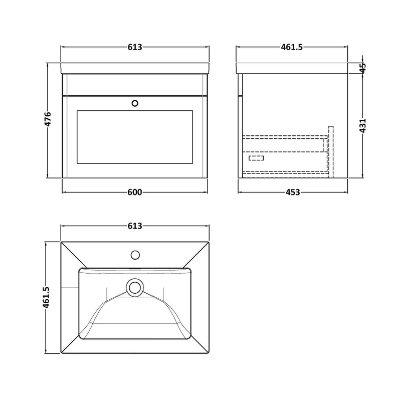 Nuie Classique 600mm Wall Hung 1-drawer Vanity With Basin - 1 Tap Hole Traditional Satin Grey Fireclay 476x613x462mm