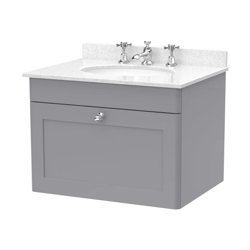Nuie Classique 600mm Wall Hung 1 Drawer Vanity & Marble Top 3th Traditional Satin Grey MFC Painted Matt 445x620x463mm - CLC294WR3