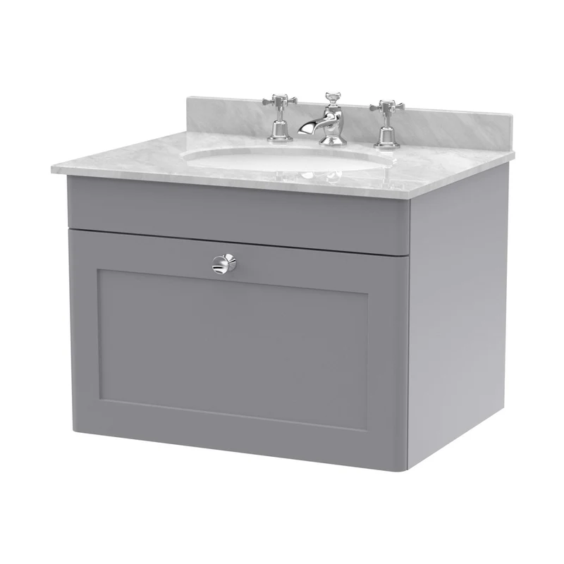 Nuie Classique 600mm Wall Hung 1 Drawer Vanity & Marble Top 3th Traditional Satin Grey MFC Painted Matt 445x620x463mm - CLC294GR3