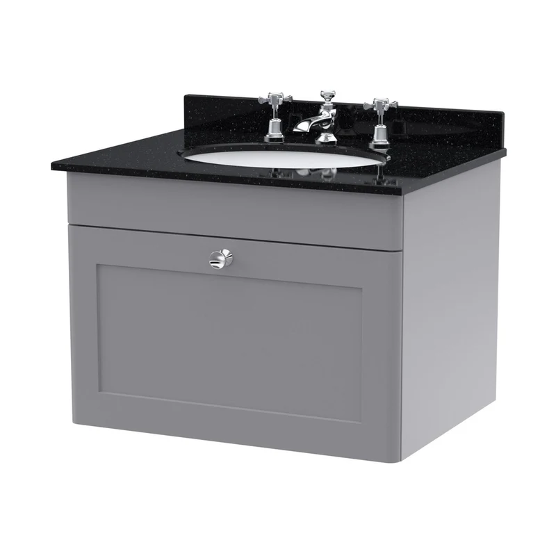 Nuie Classique 600mm Wall Hung 1 Drawer Vanity & Marble Top 3th Traditional Satin Grey MFC Painted Matt 445x620x463mm - CLC294BR3