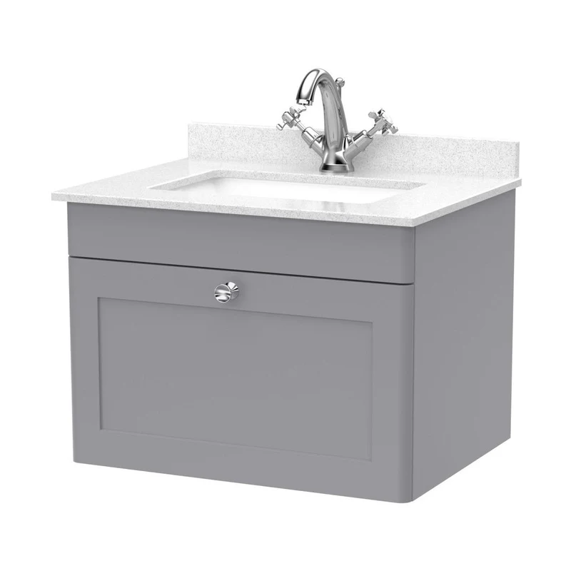 Nuie Classique 600mm Wall Hung 1 Drawer Vanity & Marble Top 1th Traditional Satin Grey MFC Painted Matt 445x620x463mm - CLC294WS1
