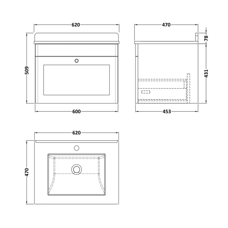 Nuie Classique 600mm Wall Hung 1 Drawer Vanity & Marble Top 1th Traditional Satin Grey MFC Painted Matt 445x620x463mm - CLC294WS1