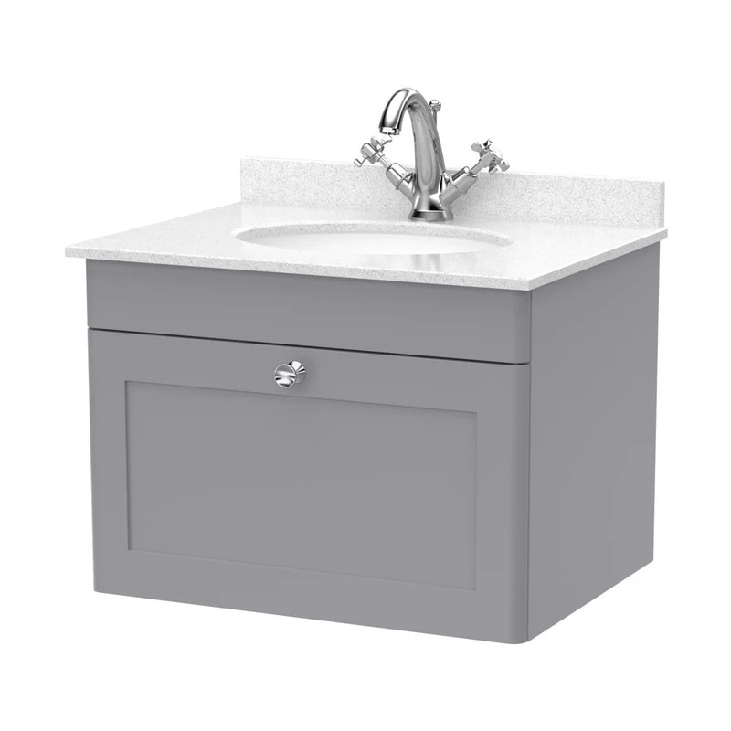 Nuie Classique 600mm Wall Hung 1 Drawer Vanity & Marble Top 1th Traditional Satin Grey MFC Painted Matt 445x620x463mm - CLC294WR1