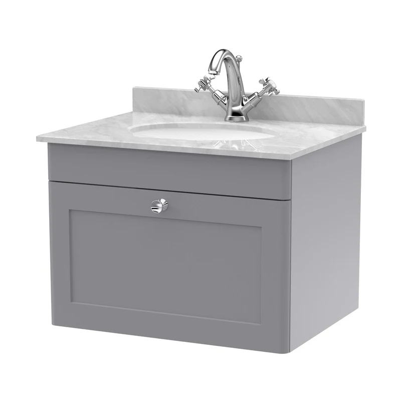 Nuie Classique 600mm Wall Hung 1 Drawer Vanity & Marble Top 1th Traditional Satin Grey MFC Painted Matt 445x620x463mm - CLC294GR1