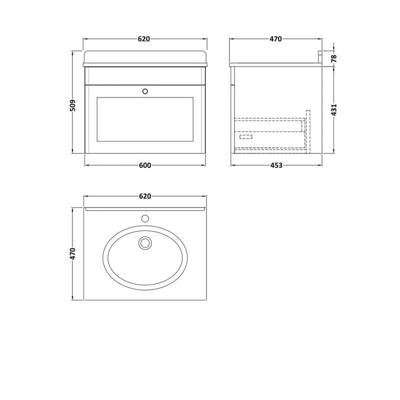 Nuie Classique 600mm Wall Hung 1 Drawer Vanity & Marble Top 1th Traditional Satin Grey MFC Painted Matt 445x620x463mm - CLC294GR1