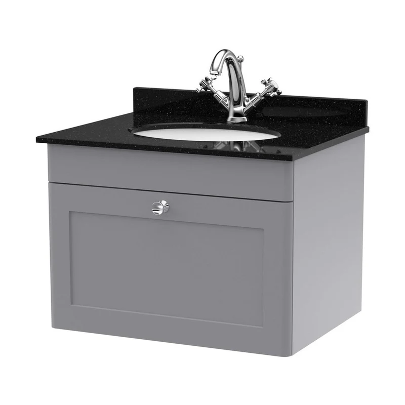 Nuie Classique 600mm Wall Hung 1 Drawer Vanity & Marble Top 1th Traditional Satin Grey MFC Painted Matt 445x620x463mm - CLC294BR1
