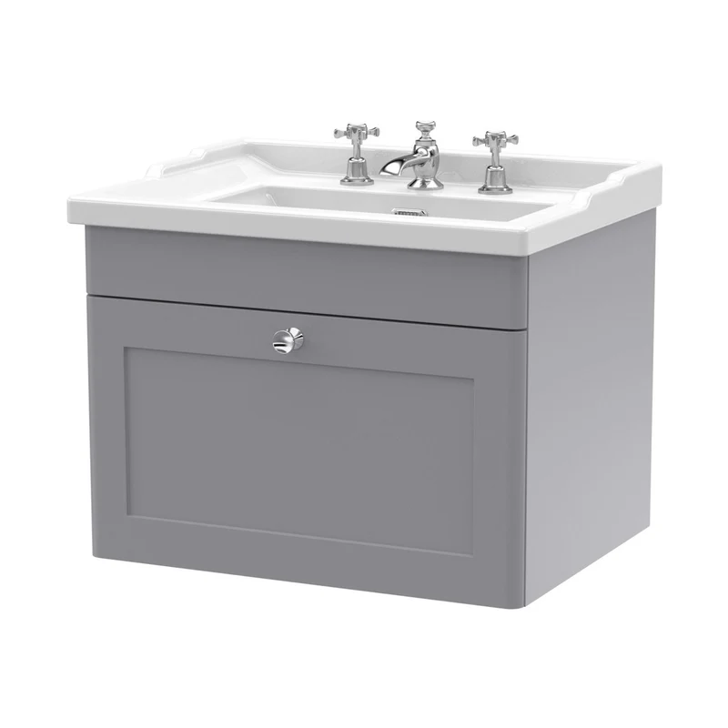 Nuie Classique 600mm Wall Hung 1 Drawer Vanity & Basin 3th Traditional Satin Grey MFC Painted Matt 489x620x470mm